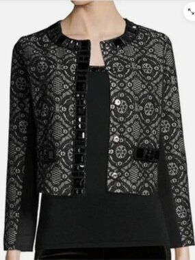 Michael Simon Black Lace Beaded Bolero Jacket Petite L Cropped Evening Formal
